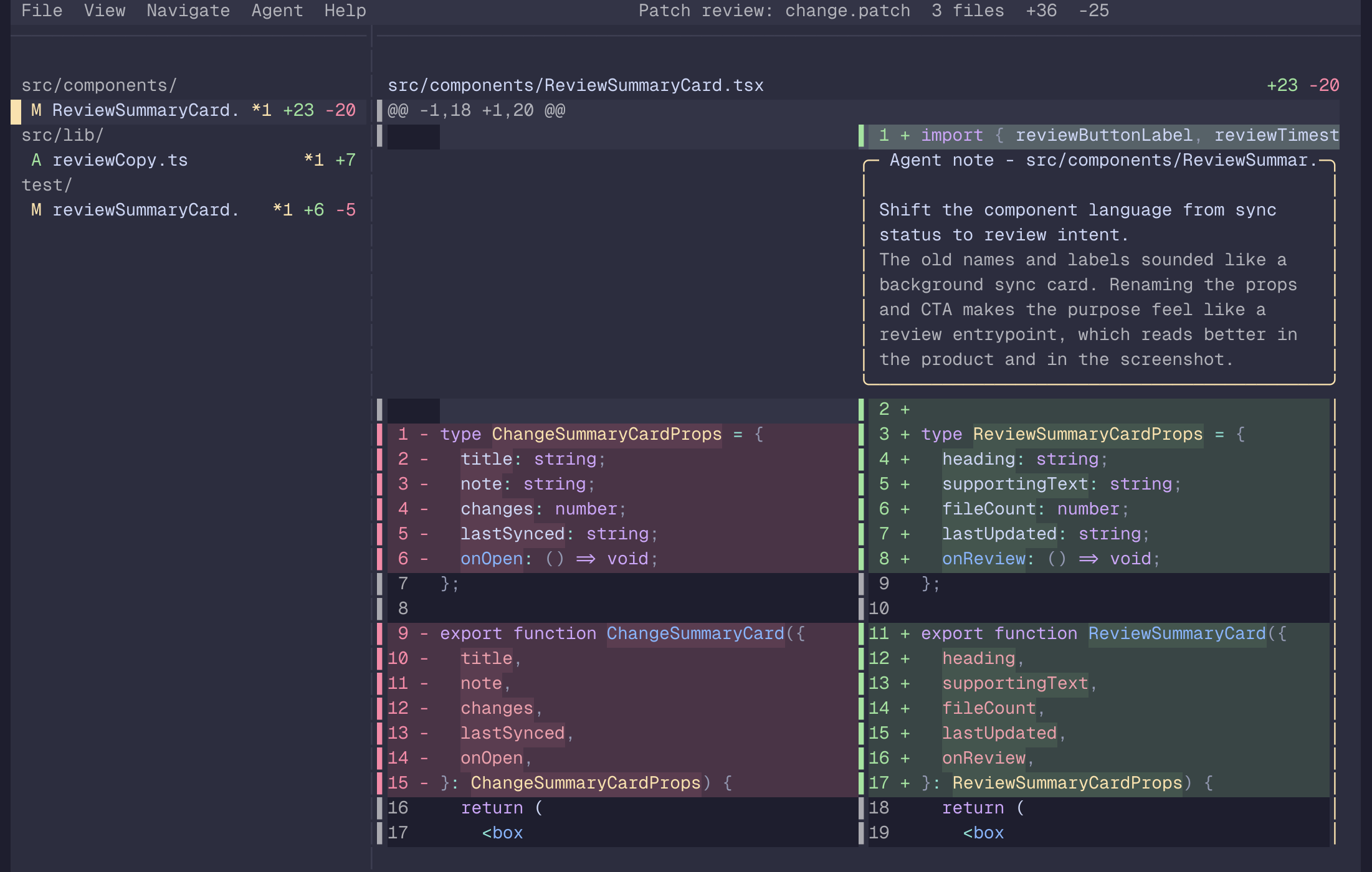 Hunk split-view diff in the Catppuccin Mocha theme