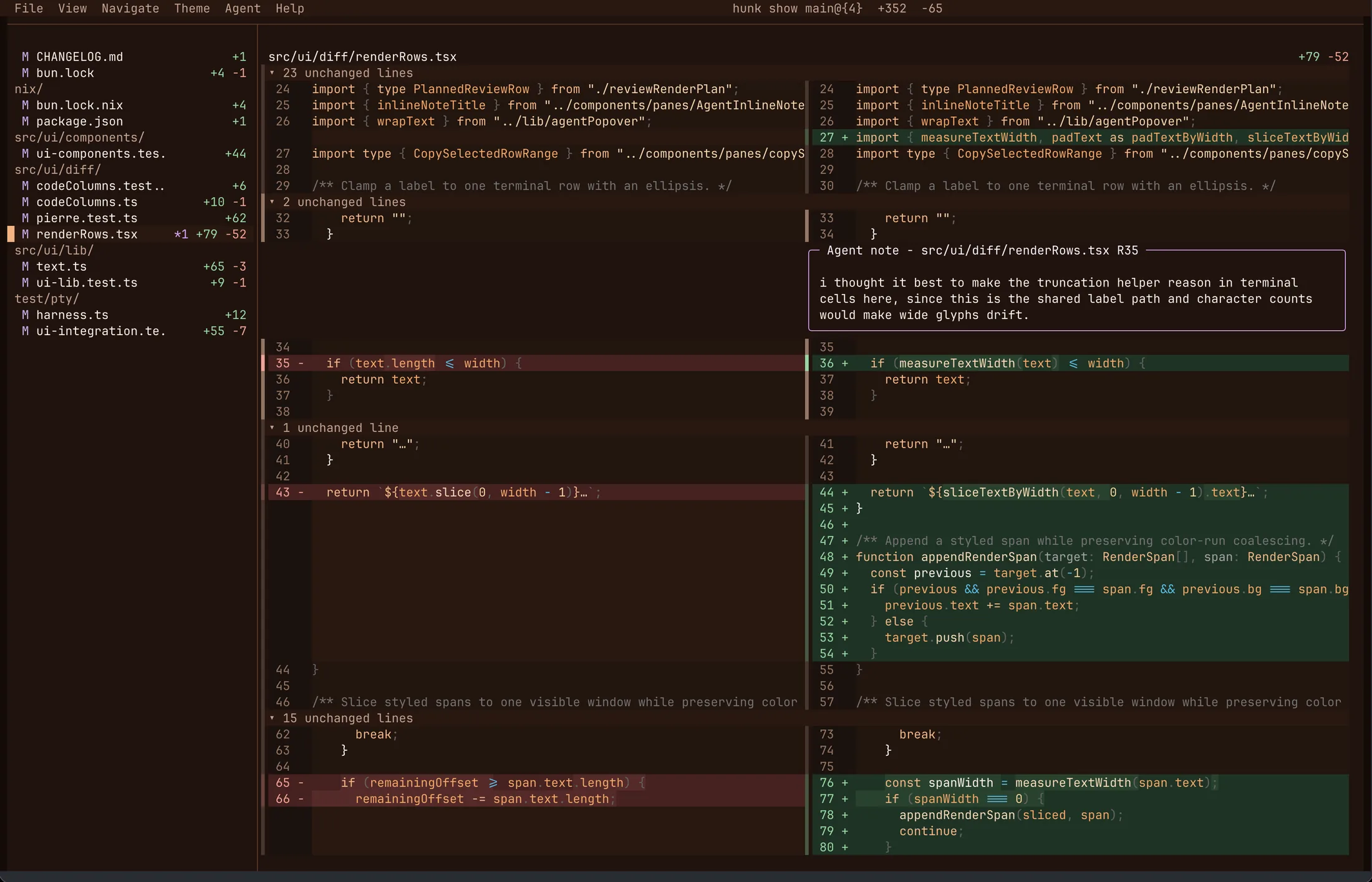 Hunk split-view diff in the Ember theme
