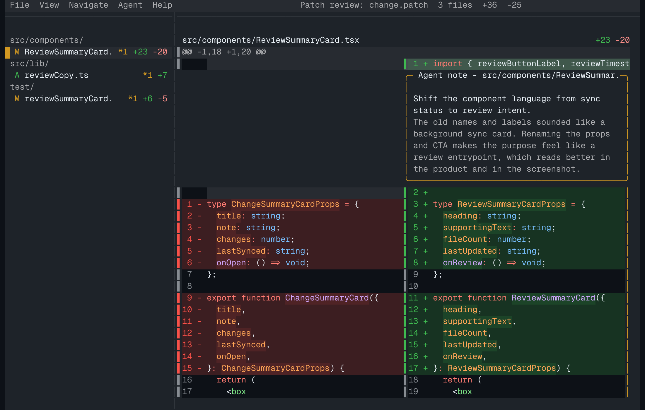Hunk split-view diff in the GitHub Dark theme
