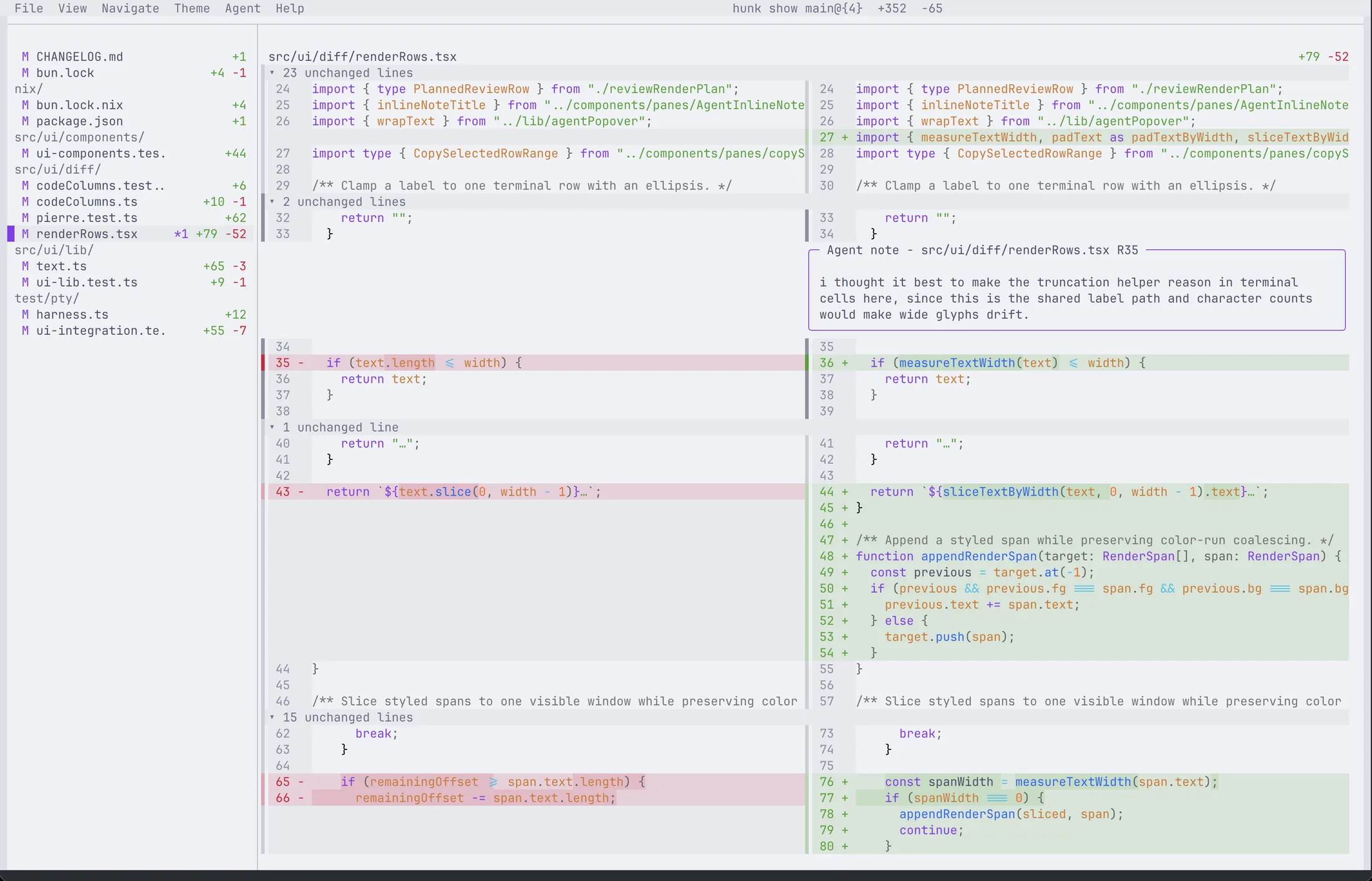 Hunk split-view diff in the Catppuccin Latte theme