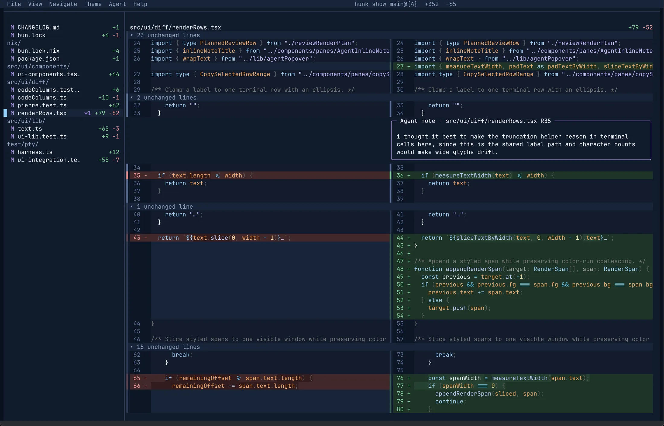 Hunk split-view diff in the Midnight theme