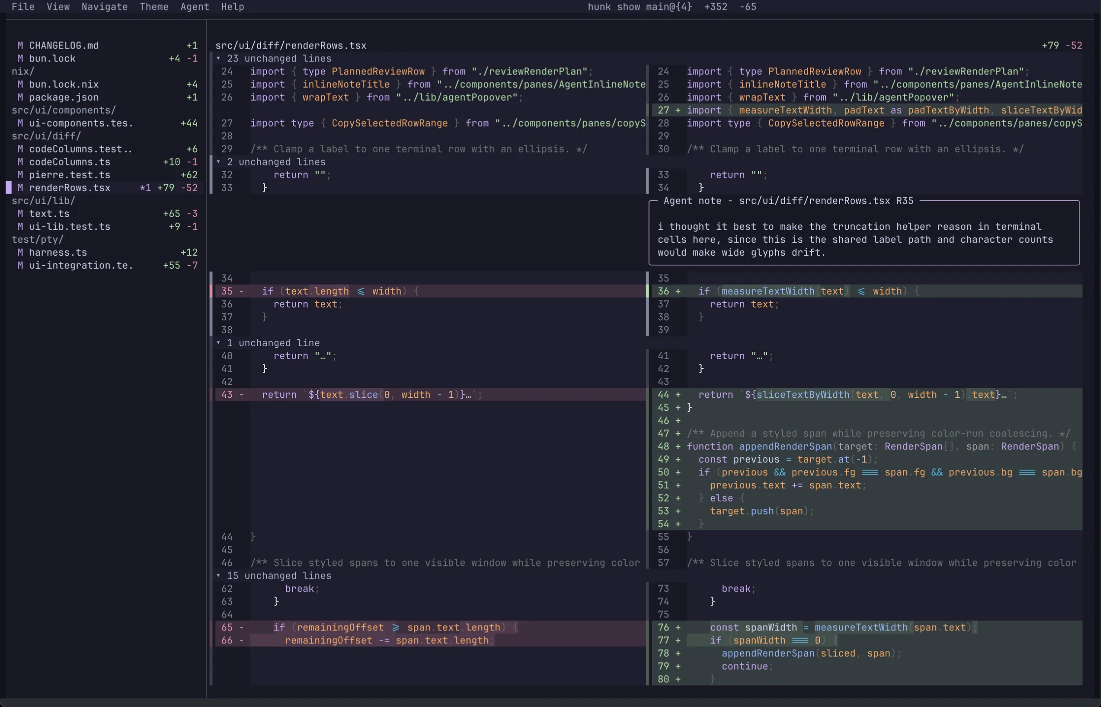 Hunk split-view diff in the Catppuccin Mocha theme