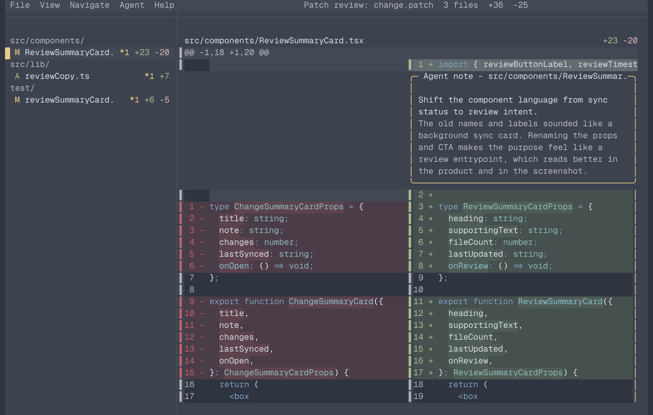 Hunk split-view diff in the Nord theme