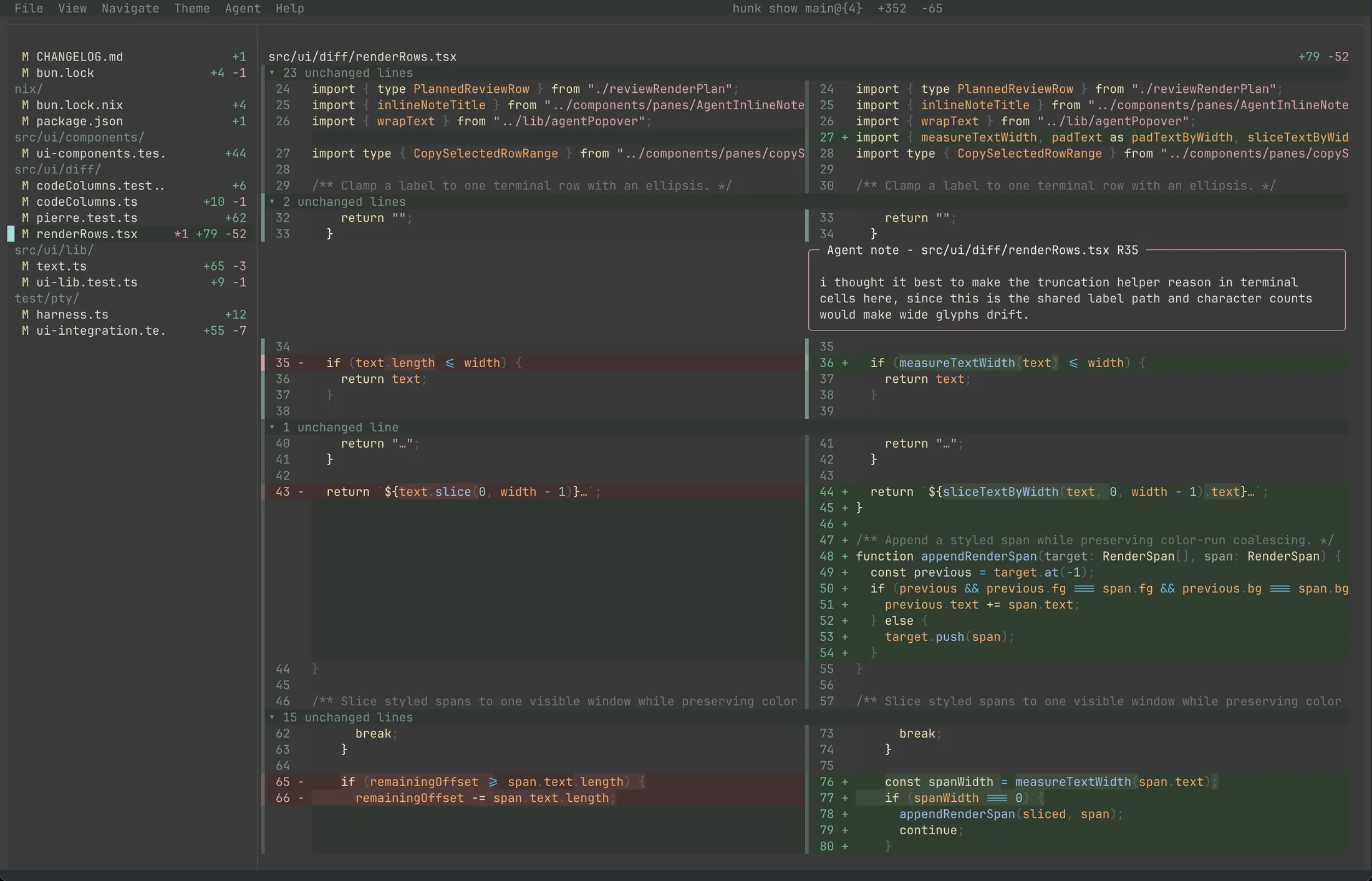 Hunk split-view diff in the Zenburn theme